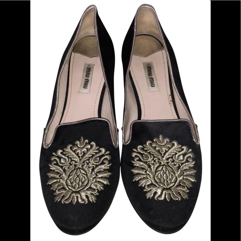 Miu miu Black Embroidered Crystal Accented Flats